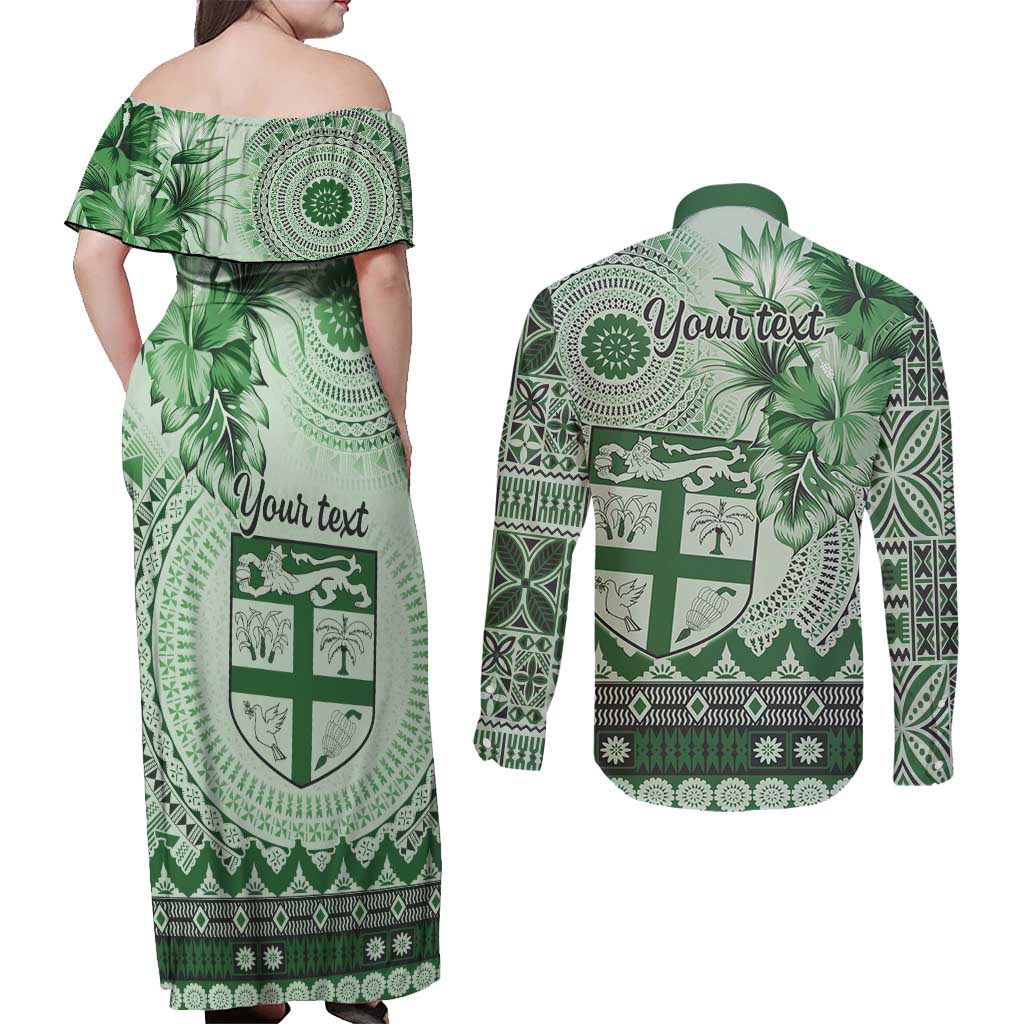 Vintage Bula Fiji Personalised Couples Matching Off Shoulder Maxi Dress and Long Sleeve Button Shirt Green Hibiscus Tapa Pattern