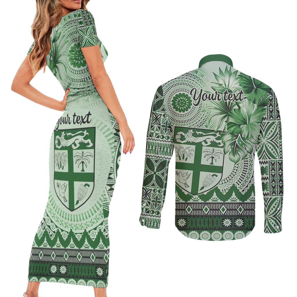 Vintage Bula Fiji Personalised Couples Matching Short Sleeve Bodycon Dress and Long Sleeve Button Shirt Green Hibiscus Tapa Pattern