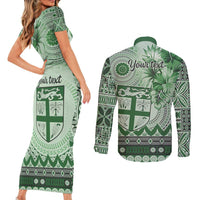 Vintage Bula Fiji Personalised Couples Matching Short Sleeve Bodycon Dress and Long Sleeve Button Shirt Green Hibiscus Tapa Pattern