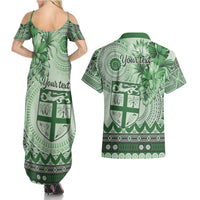 Vintage Bula Fiji Personalised Couples Matching Summer Maxi Dress and Hawaiian Shirt Green Hibiscus Tapa Pattern