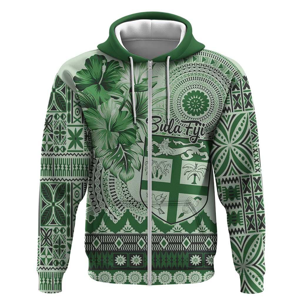 Vintage Bula Fiji Personalised Hoodie Green Hibiscus Tapa Pattern LT9 Zip Hoodie Green - Polynesian Pride