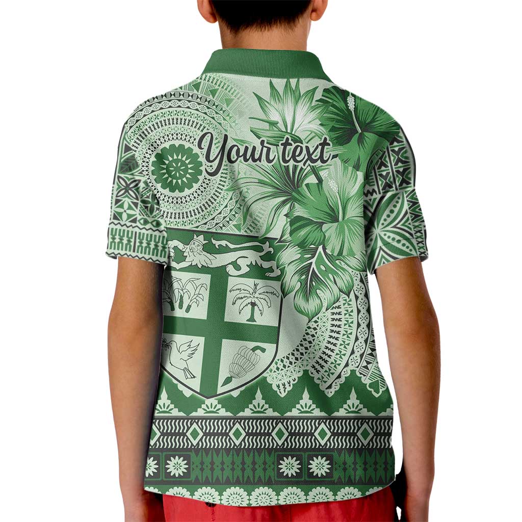 Vintage Bula Fiji Personalised Kid Polo Shirt Green Hibiscus Tapa Pattern