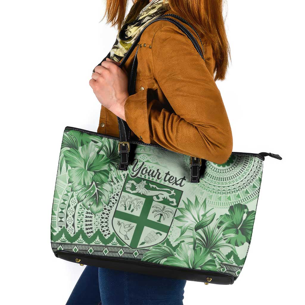 Vintage Bula Fiji Personalised Leather Tote Bag Green Hibiscus Tapa Pattern LT9