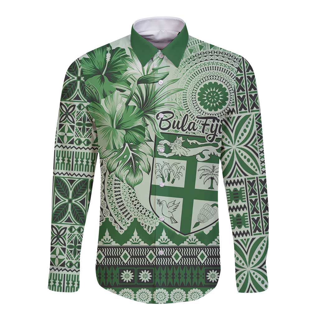 Vintage Bula Fiji Personalised Long Sleeve Button Shirt Green Hibiscus Tapa Pattern
