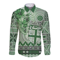 Vintage Bula Fiji Personalised Long Sleeve Button Shirt Green Hibiscus Tapa Pattern