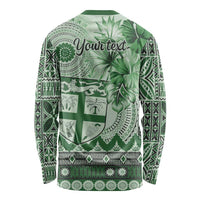 Vintage Bula Fiji Personalised Long Sleeve Shirt Green Hibiscus Tapa Pattern