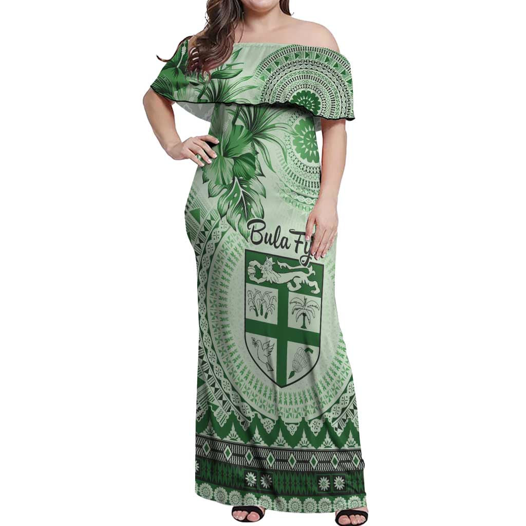 Vintage Bula Fiji Personalised Off Shoulder Maxi Dress Green Hibiscus Tapa Pattern