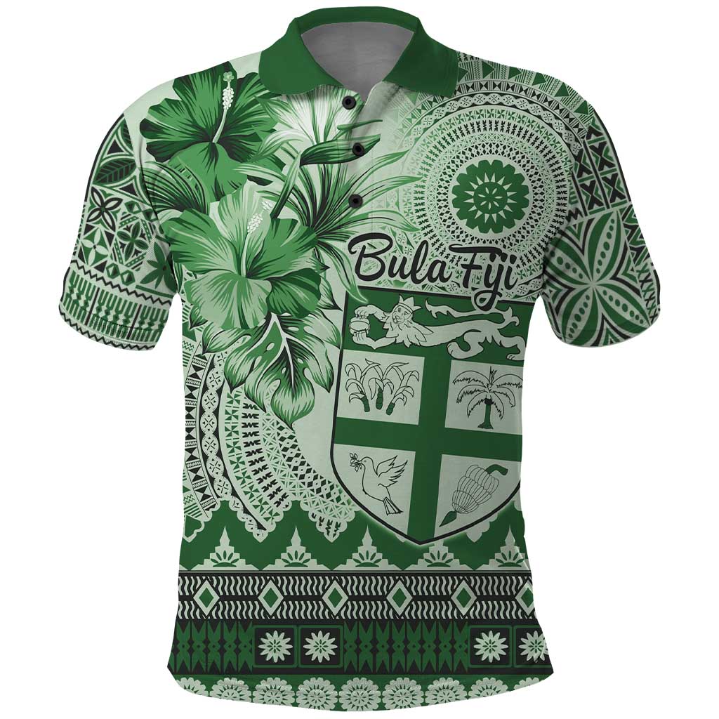 Vintage Bula Fiji Personalised Polo Shirt Green Hibiscus Tapa Pattern