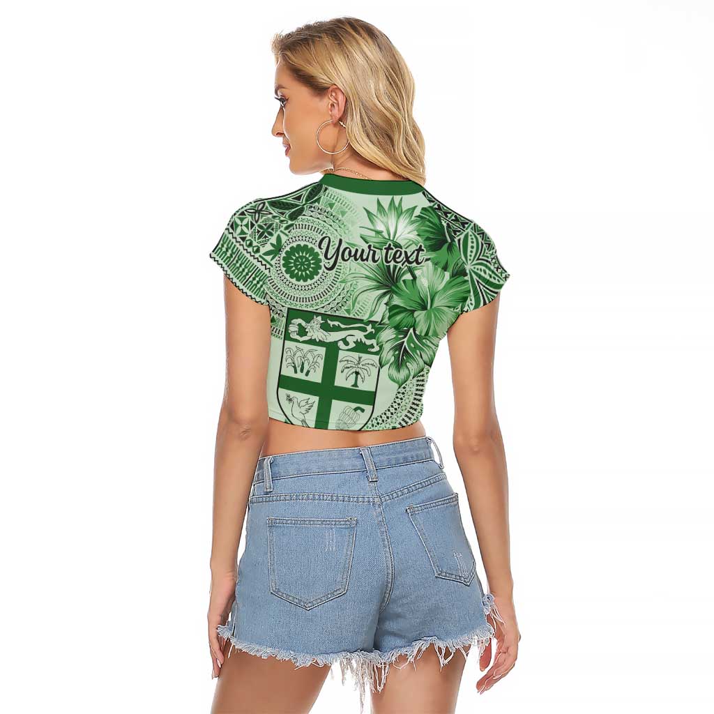 Vintage Bula Fiji Personalised Raglan Cropped T Shirt Green Hibiscus Tapa Pattern