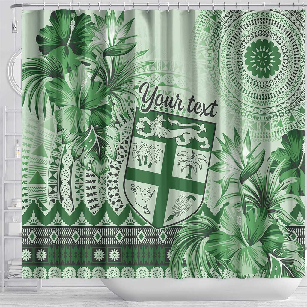 Vintage Bula Fiji Personalised Shower Curtain Green Hibiscus Tapa Pattern LT9