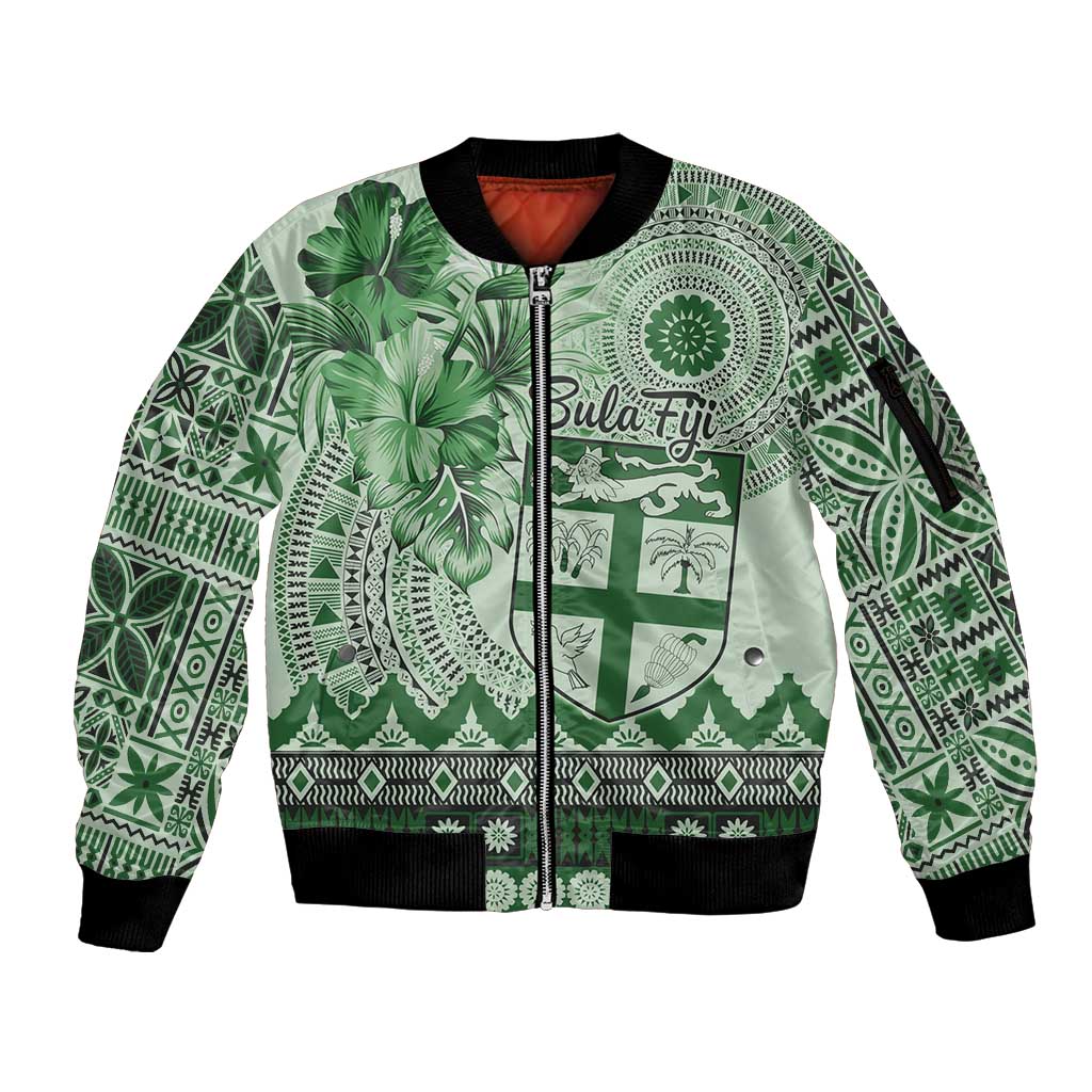 Vintage Bula Fiji Personalised Sleeve Zip Bomber Jacket Green Hibiscus Tapa Pattern