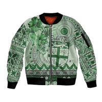 Vintage Bula Fiji Personalised Sleeve Zip Bomber Jacket Green Hibiscus Tapa Pattern
