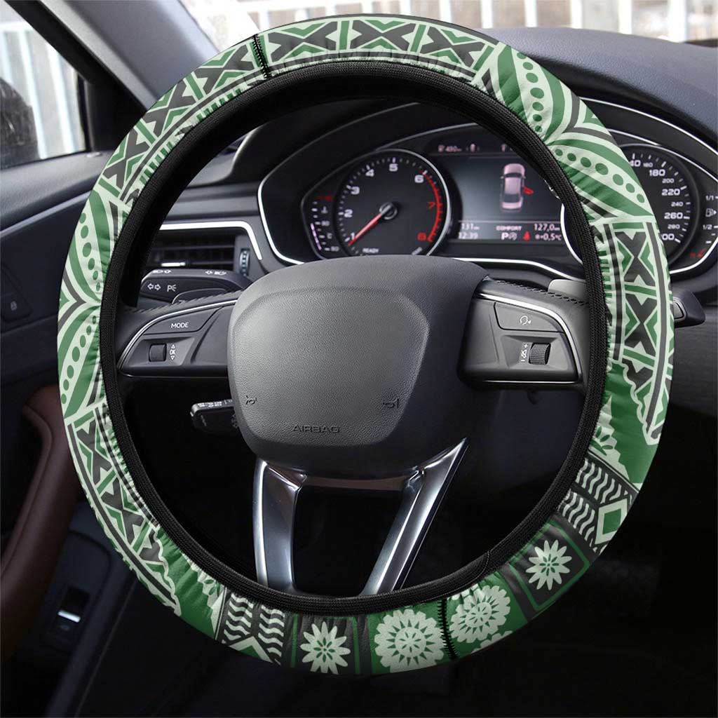 Vintage Bula Fiji Personalised Steering Wheel Cover Green Hibiscus Tapa Pattern LT9