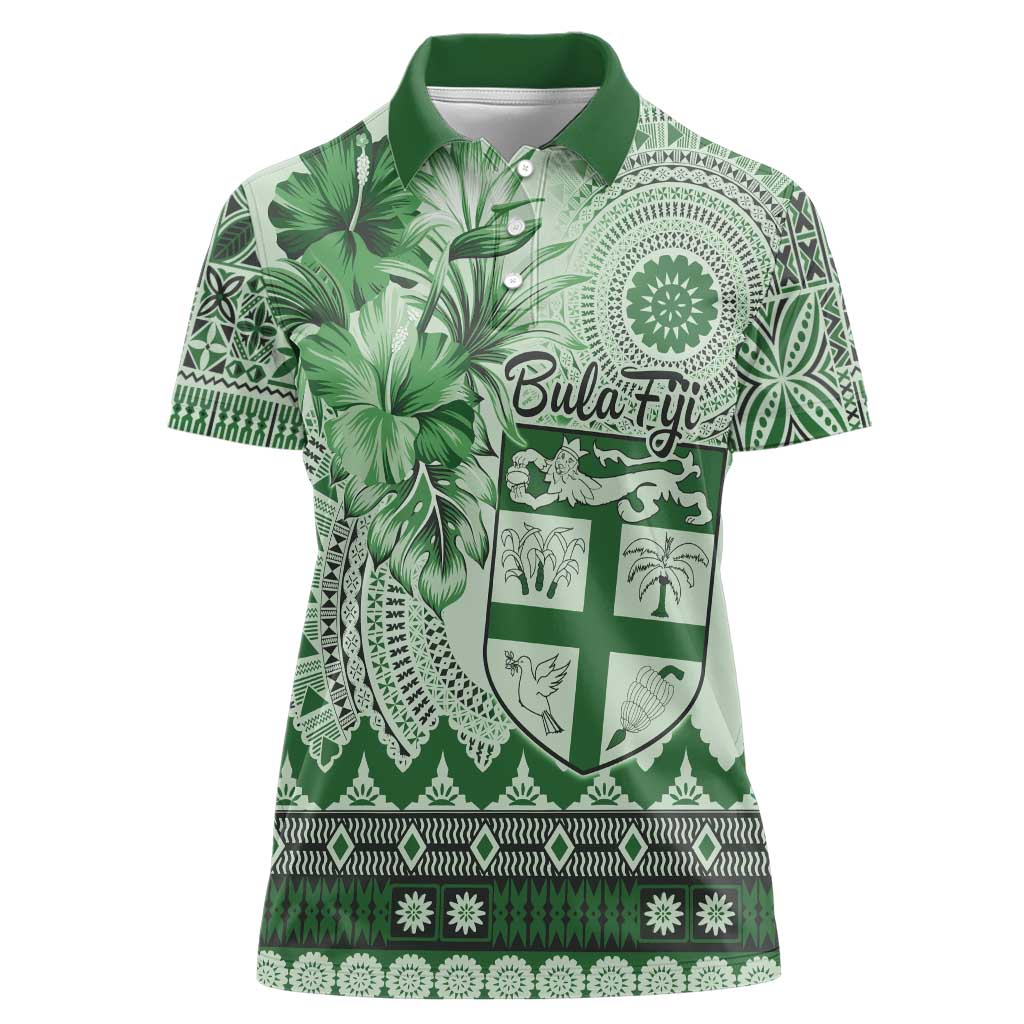 Vintage Bula Fiji Personalised Women Polo Shirt Green Hibiscus Tapa Pattern