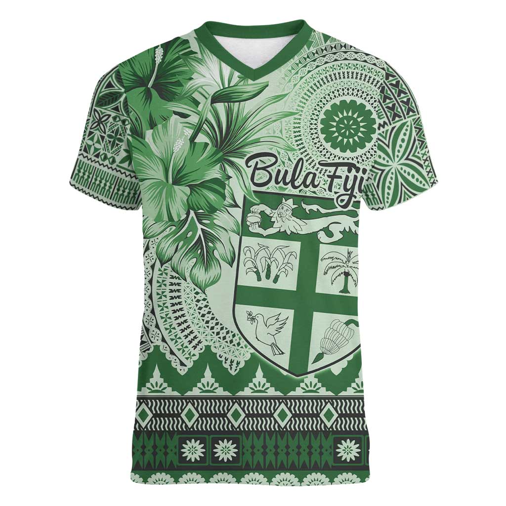 Vintage Bula Fiji Personalised Women V-Neck T-Shirt Green Hibiscus Tapa Pattern