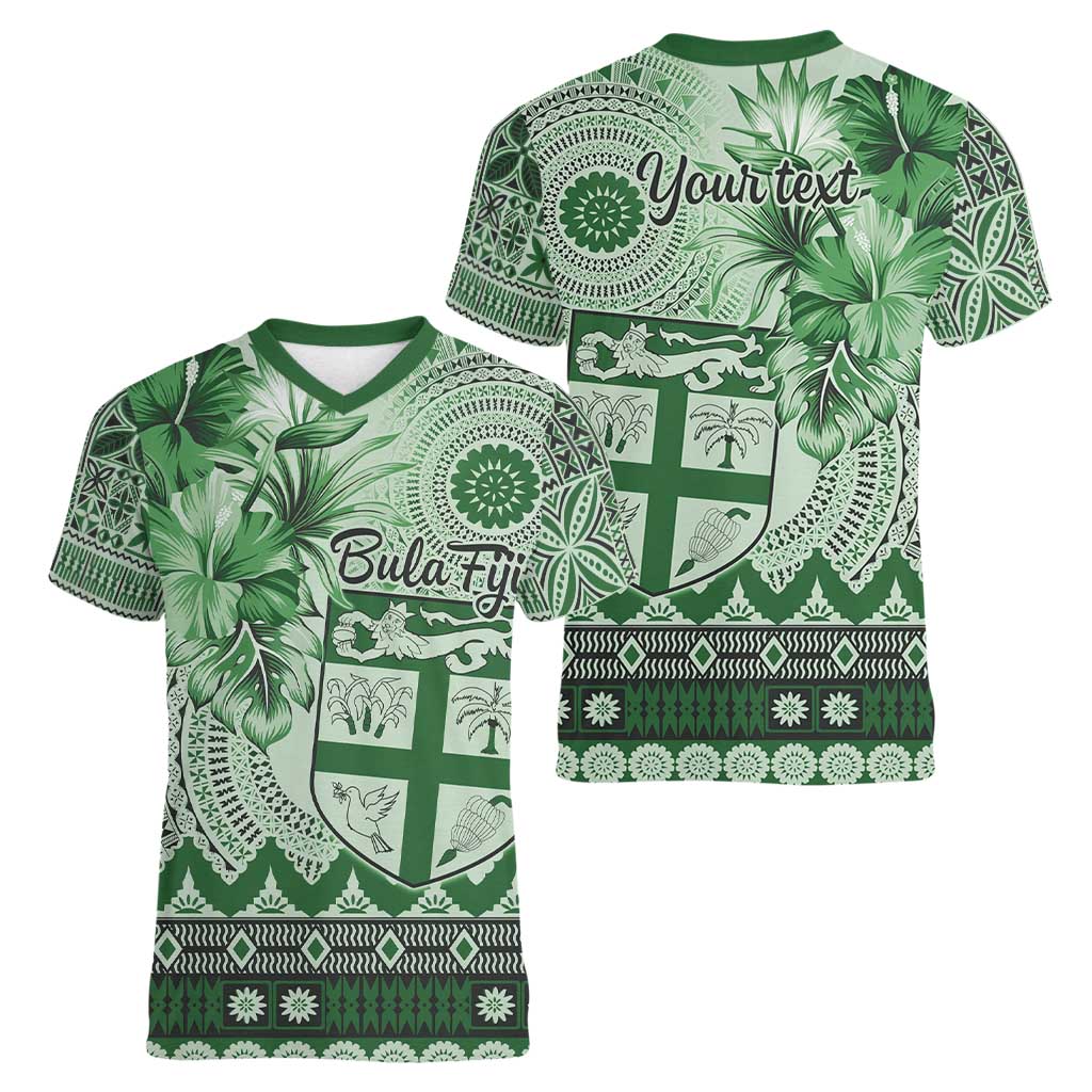 Vintage Bula Fiji Personalised Women V-Neck T-Shirt Green Hibiscus Tapa Pattern