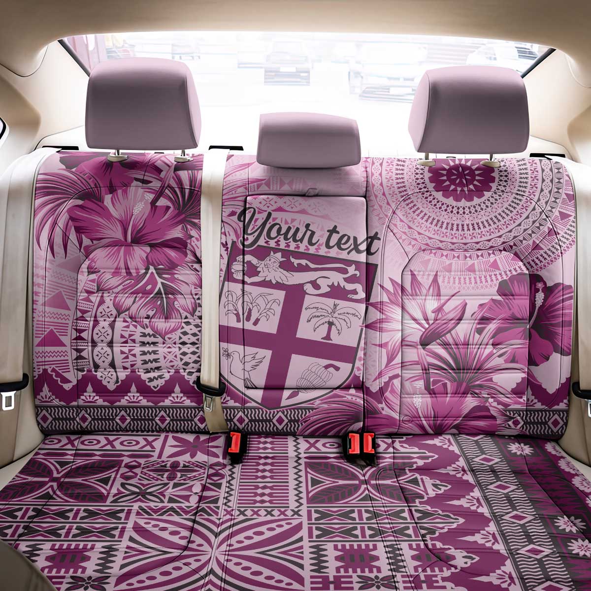 Vintage Bula Fiji Personalised Back Car Seat Cover Pink Hibiscus Tapa Pattern LT9