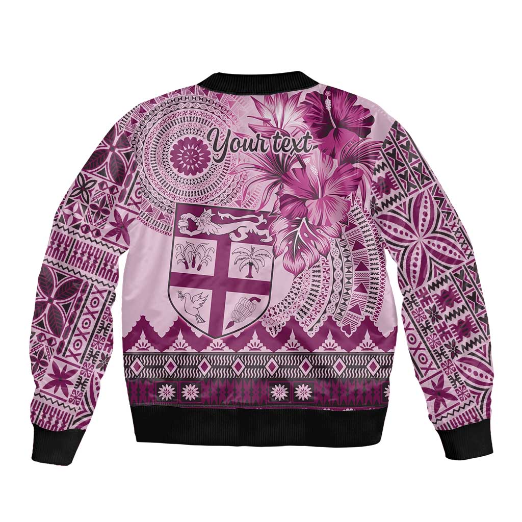 Vintage Bula Fiji Personalised Bomber Jacket Pink Hibiscus Tapa Pattern