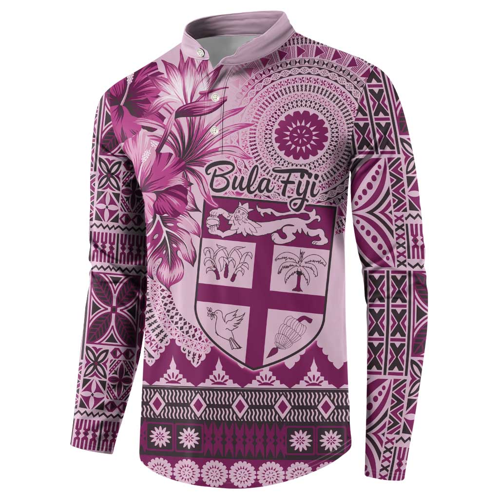 Vintage Bula Fiji Personalised Button Sweatshirt Pink Hibiscus Tapa Pattern