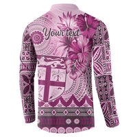 Vintage Bula Fiji Personalised Button Sweatshirt Pink Hibiscus Tapa Pattern