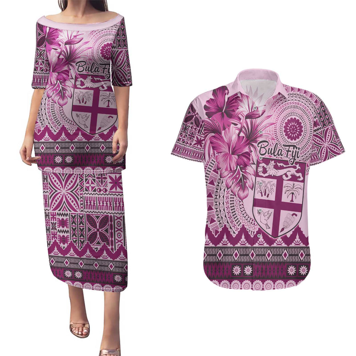 Vintage Bula Fiji Personalised Couples Matching Puletasi and Hawaiian Shirt Pink Hibiscus Tapa Pattern