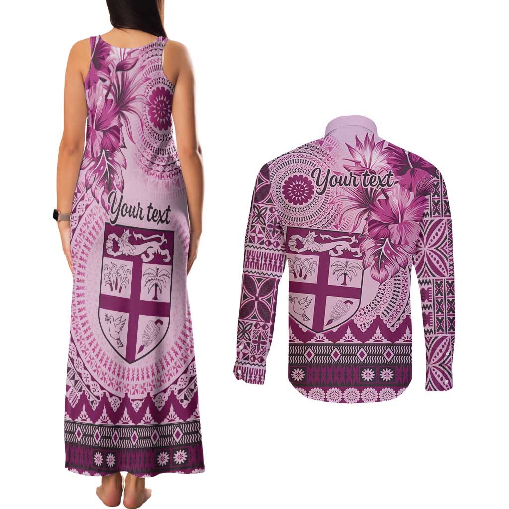 Vintage Bula Fiji Personalised Couples Matching Tank Maxi Dress and Long Sleeve Button Shirt Pink Hibiscus Tapa Pattern
