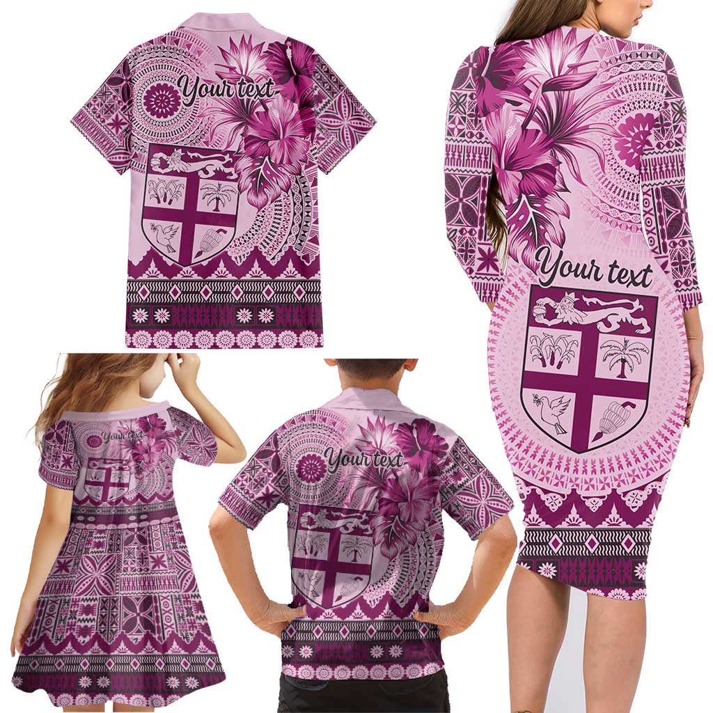 Vintage Bula Fiji Personalised Family Matching Long Sleeve Bodycon Dress and Hawaiian Shirt Pink Hibiscus Tapa Pattern