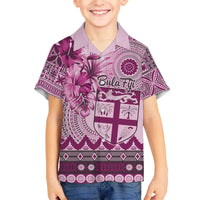 Vintage Bula Fiji Personalised Family Matching Off The Shoulder Long Sleeve Dress and Hawaiian Shirt Pink Hibiscus Tapa Pattern