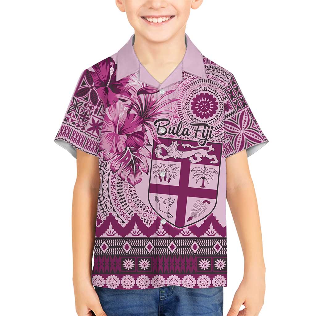 Vintage Bula Fiji Personalised Family Matching Off Shoulder Maxi Dress and Hawaiian Shirt Pink Hibiscus Tapa Pattern