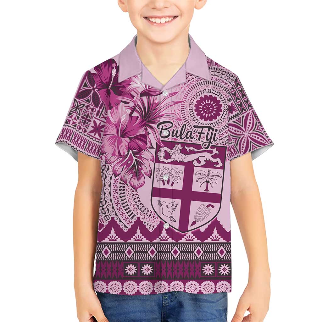 Vintage Bula Fiji Personalised Family Matching Short Sleeve Bodycon Dress and Hawaiian Shirt Pink Hibiscus Tapa Pattern