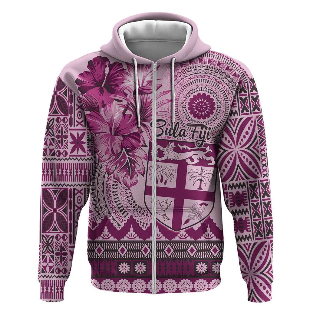 Vintage Bula Fiji Personalised Hoodie Pink Hibiscus Tapa Pattern LT9 Zip Hoodie Pink - Polynesian Pride