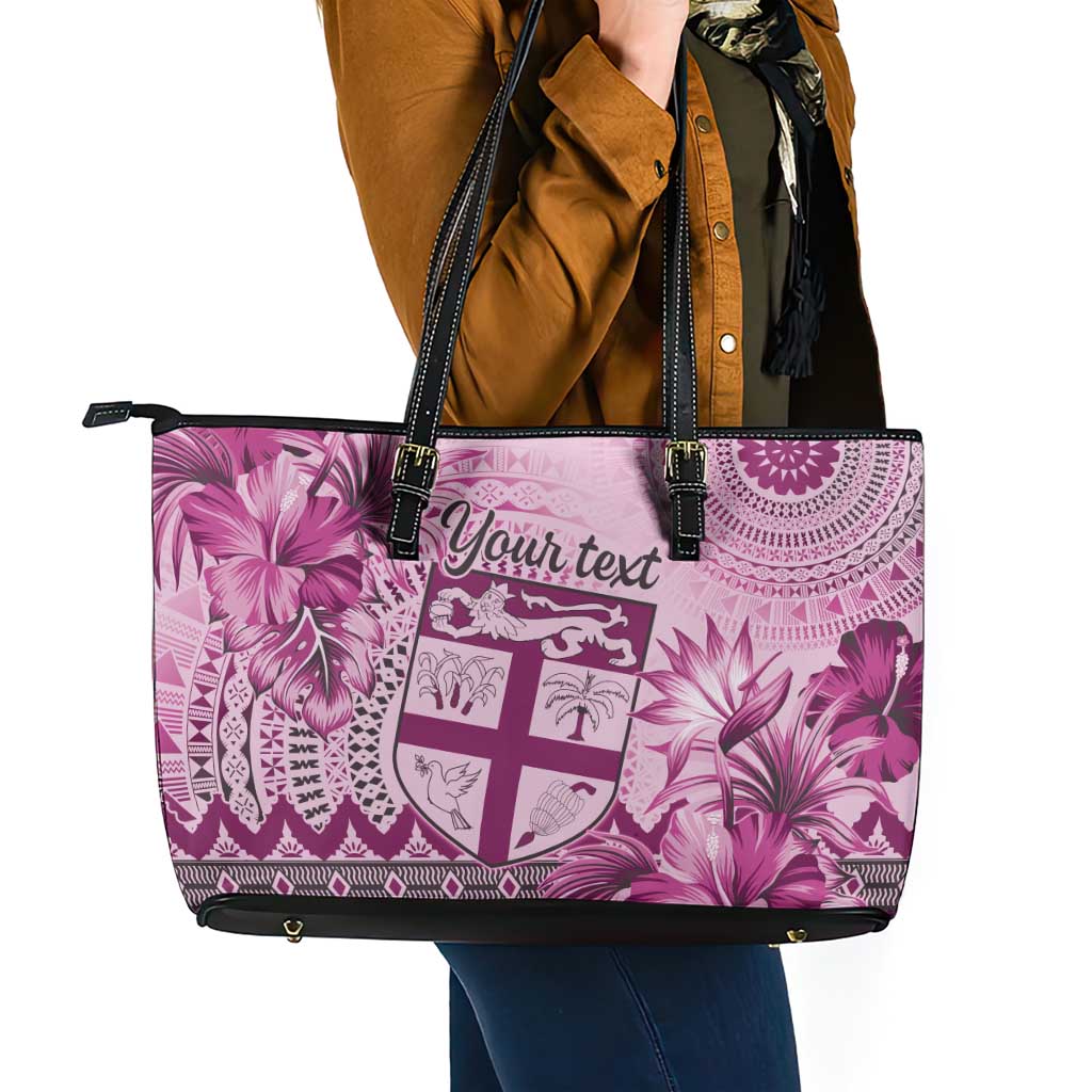 Vintage Bula Fiji Personalised Leather Tote Bag Pink Hibiscus Tapa Pattern LT9