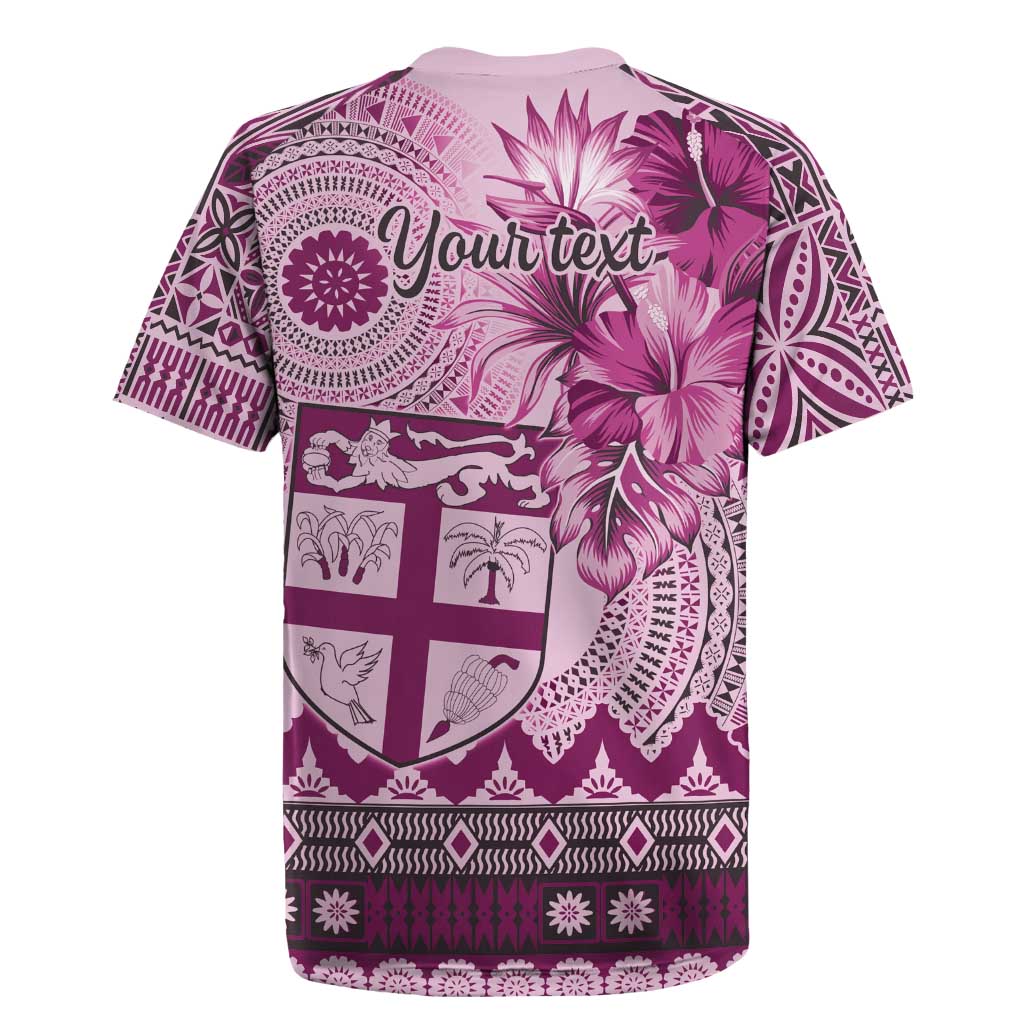 Vintage Bula Fiji Personalised Rugby Jersey Pink Hibiscus Tapa Pattern