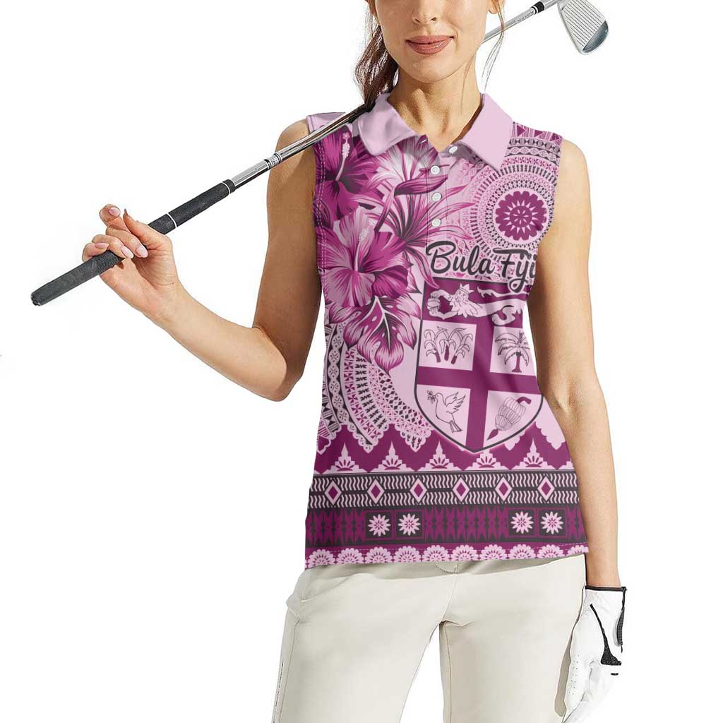 Vintage Bula Fiji Personalised Women Sleeveless Polo Shirt Pink Hibiscus Tapa Pattern