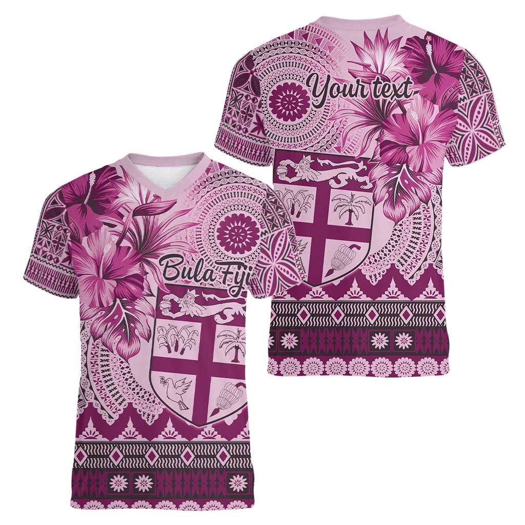 Vintage Bula Fiji Personalised Women V-Neck T-Shirt Pink Hibiscus Tapa Pattern