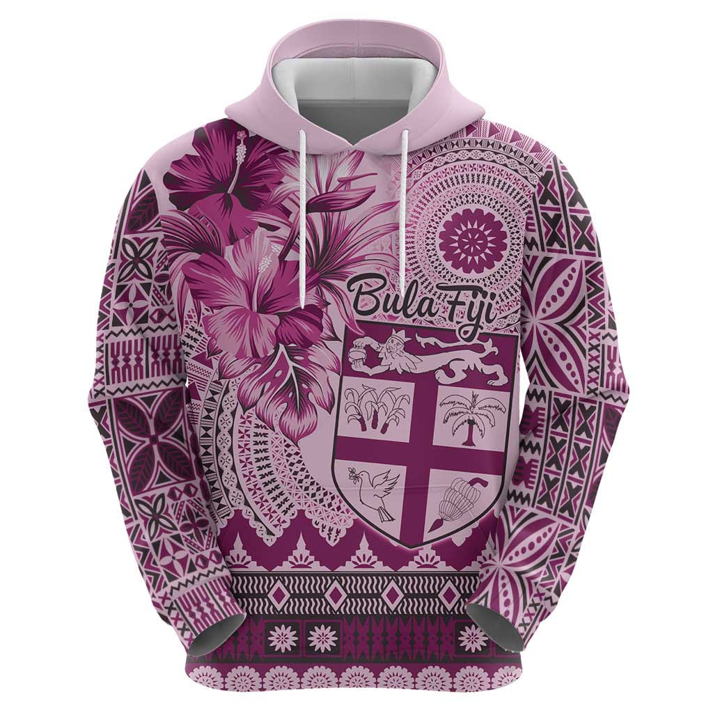 Vintage Bula Fiji Personalised Zip Hoodie Pink Hibiscus Tapa Pattern LT9 - Polynesian Pride