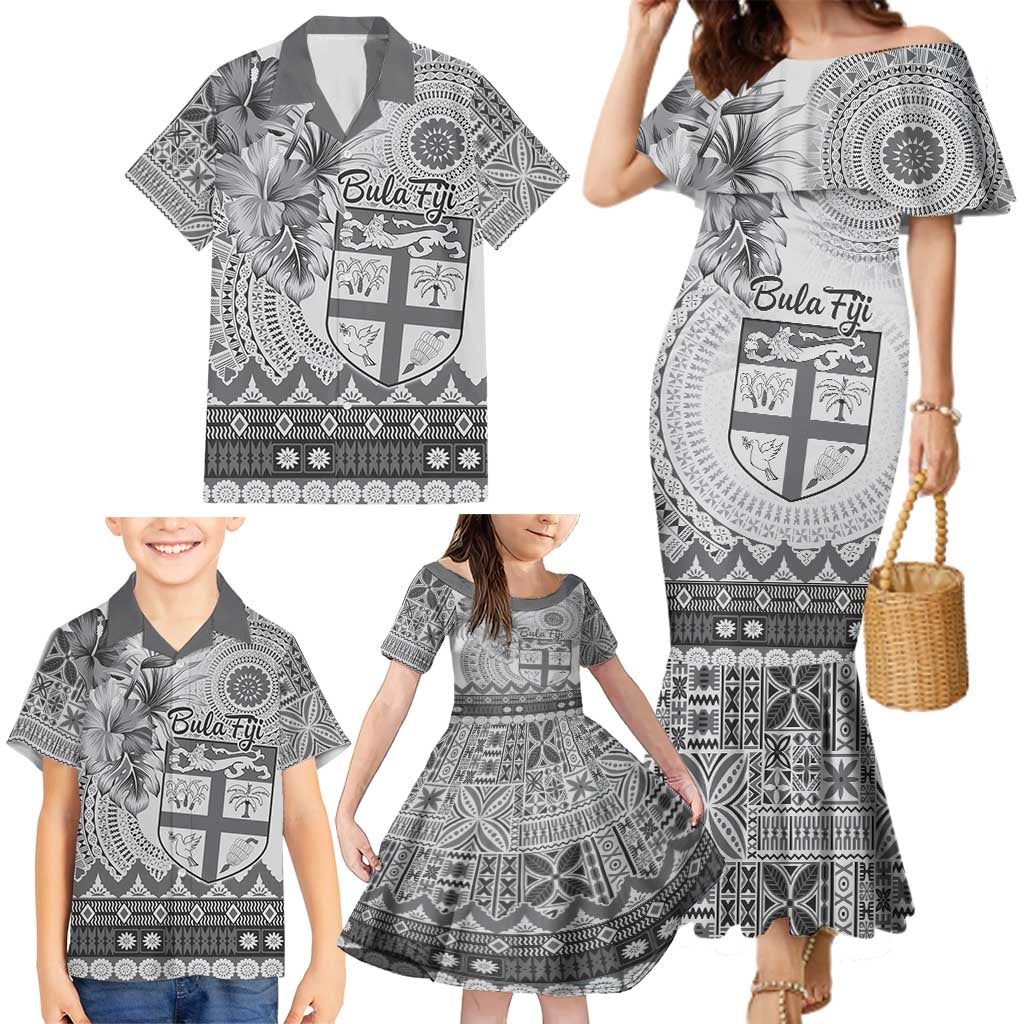 Vintage Bula Fiji Personalised Family Matching Mermaid Dress and Hawaiian Shirt Beige Hibiscus Tapa Pattern