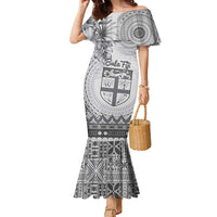 Vintage Bula Fiji Personalised Family Matching Mermaid Dress and Hawaiian Shirt Beige Hibiscus Tapa Pattern