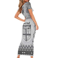 Vintage Bula Fiji Personalised Short Sleeve Bodycon Dress Beige Hibiscus Tapa Pattern