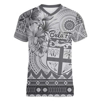 Vintage Bula Fiji Personalised Women V-Neck T-Shirt Beige Hibiscus Tapa Pattern