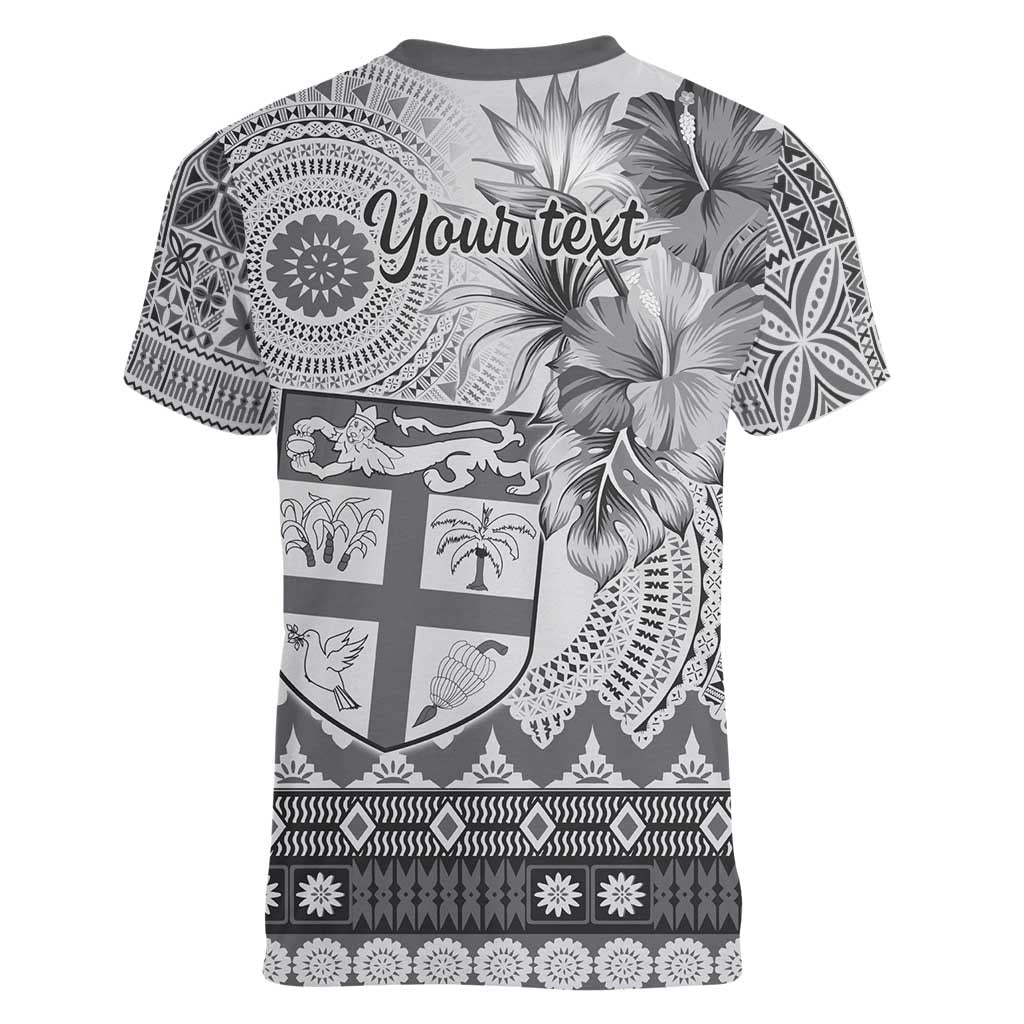 Vintage Bula Fiji Personalised Women V-Neck T-Shirt Beige Hibiscus Tapa Pattern