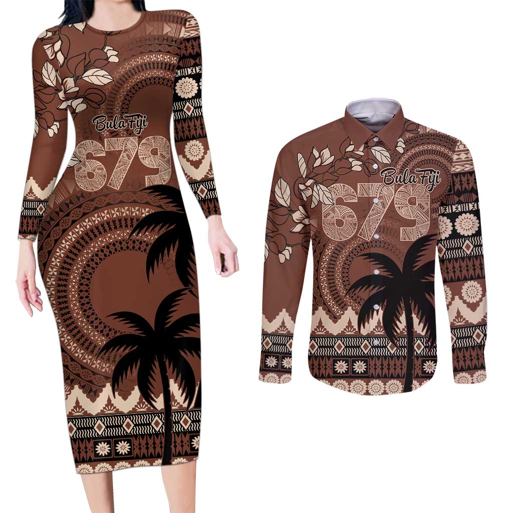 Personalised Bula Fiji 679 Couples Matching Long Sleeve Bodycon Dress and Long Sleeve Button Shirt Fijian Tagimoucia Masi Tapa Art