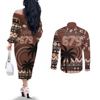 Personalised Bula Fiji 679 Couples Matching Off The Shoulder Long Sleeve Dress and Long Sleeve Button Shirt Fijian Tagimoucia Masi Tapa Art