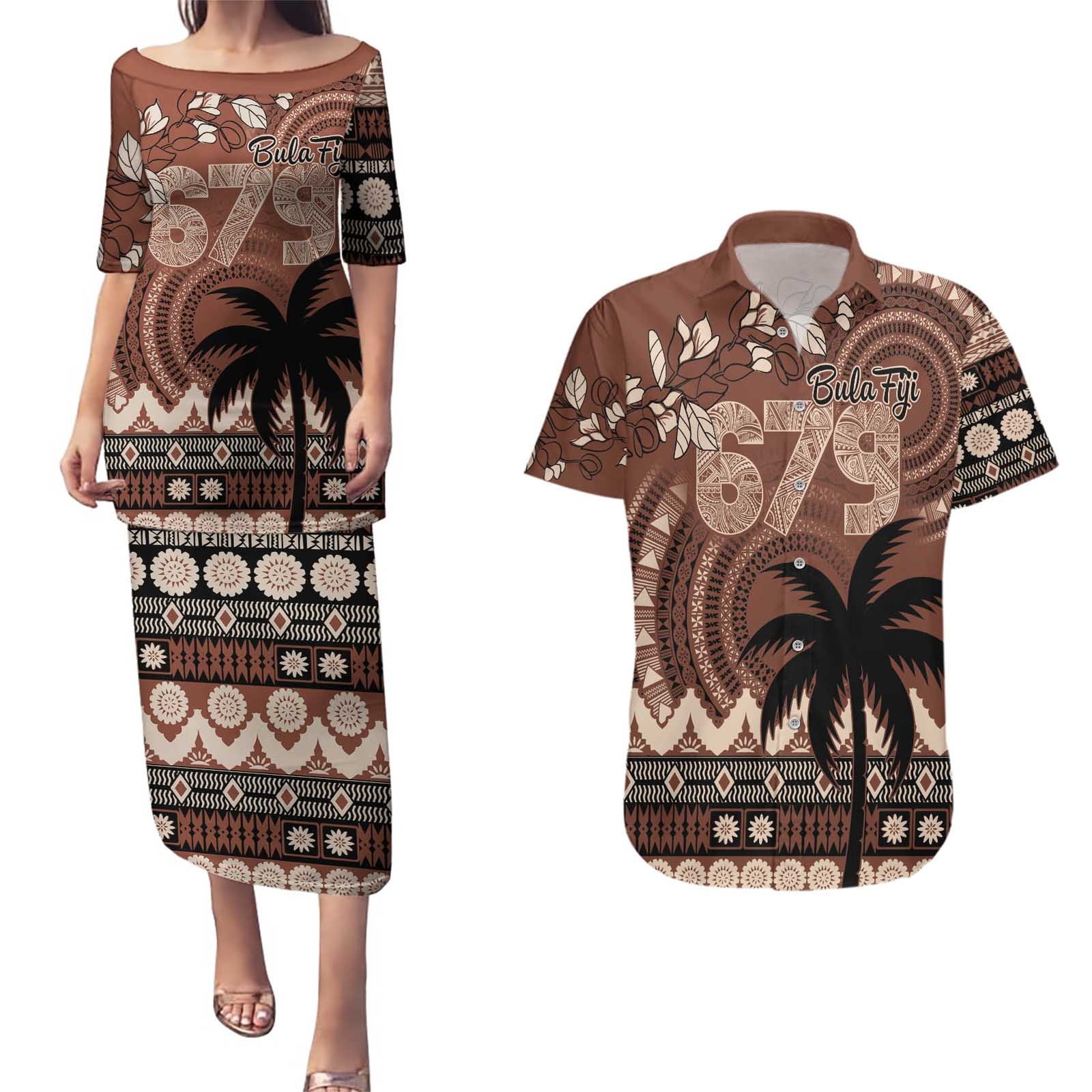 Personalised Bula Fiji 679 Couples Matching Puletasi and Hawaiian Shirt Fijian Tagimoucia Masi Tapa Art