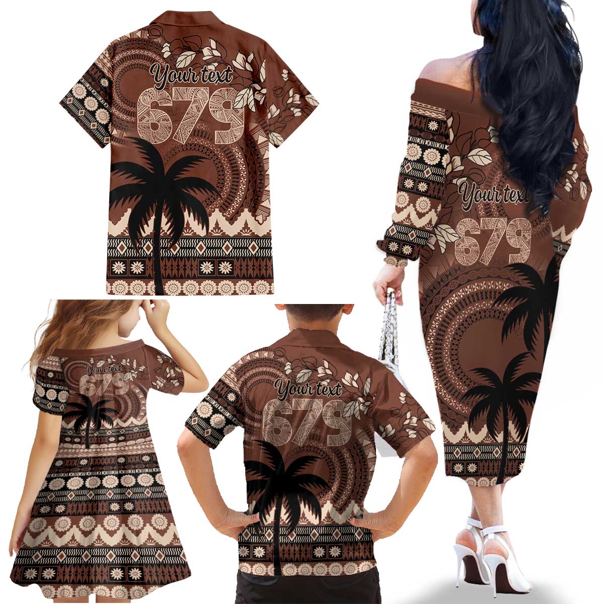 Personalised Bula Fiji 679 Family Matching Off The Shoulder Long Sleeve Dress and Hawaiian Shirt Fijian Tagimoucia Masi Tapa Art