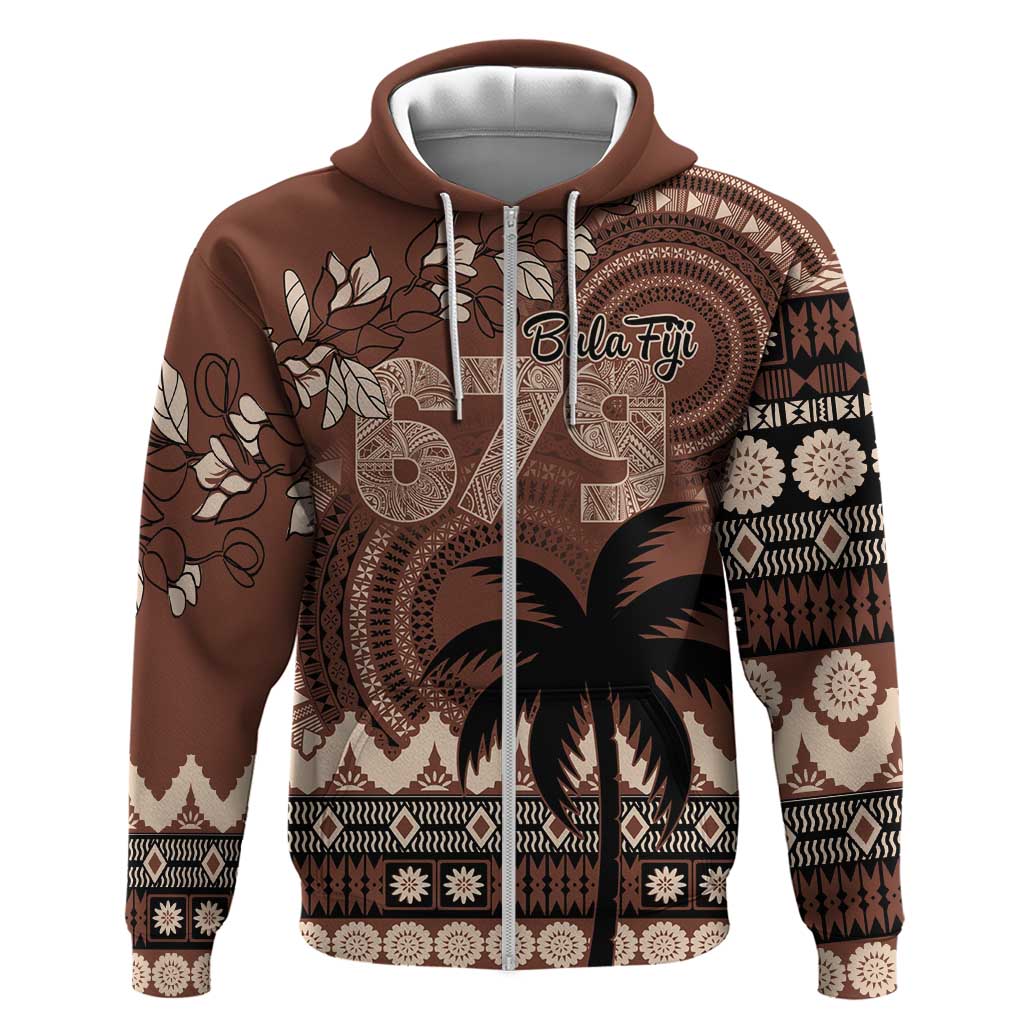 Personalised Bula Fiji 679 Hoodie Fijian Tagimoucia Masi Tapa Art LT9 Zip Hoodie Brown - Polynesian Pride