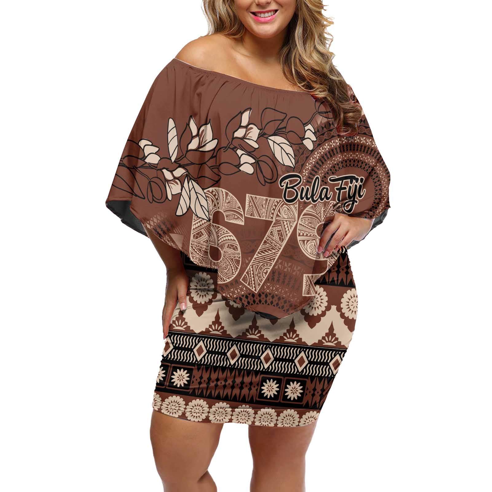 Personalised Bula Fiji 679 Off Shoulder Short Dress Fijian Tagimoucia Masi Tapa Art