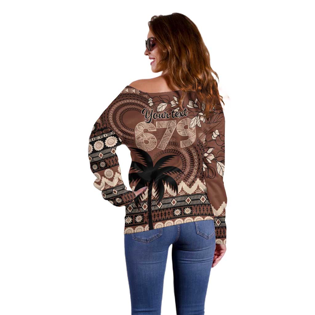 Personalised Bula Fiji 679 Off Shoulder Sweater Fijian Tagimoucia Masi Tapa Art