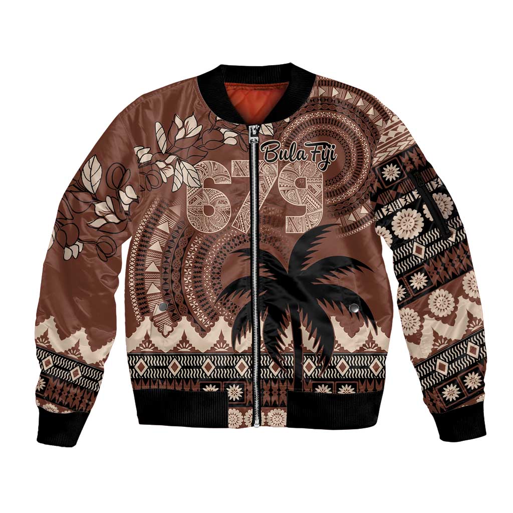 Personalised Bula Fiji 679 Sleeve Zip Bomber Jacket Fijian Tagimoucia Masi Tapa Art