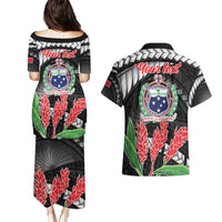 Personalised Samoa 685 Couples Matching Puletasi and Hawaiian Shirt Teuila Flower With Black Samoan Tattoo LT9 - Polynesian Pride